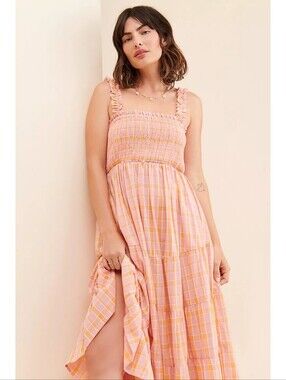 Free People Harni Rue Maxi Dress Pink Orange Plaid Smocked Tiered Ruffle Boho